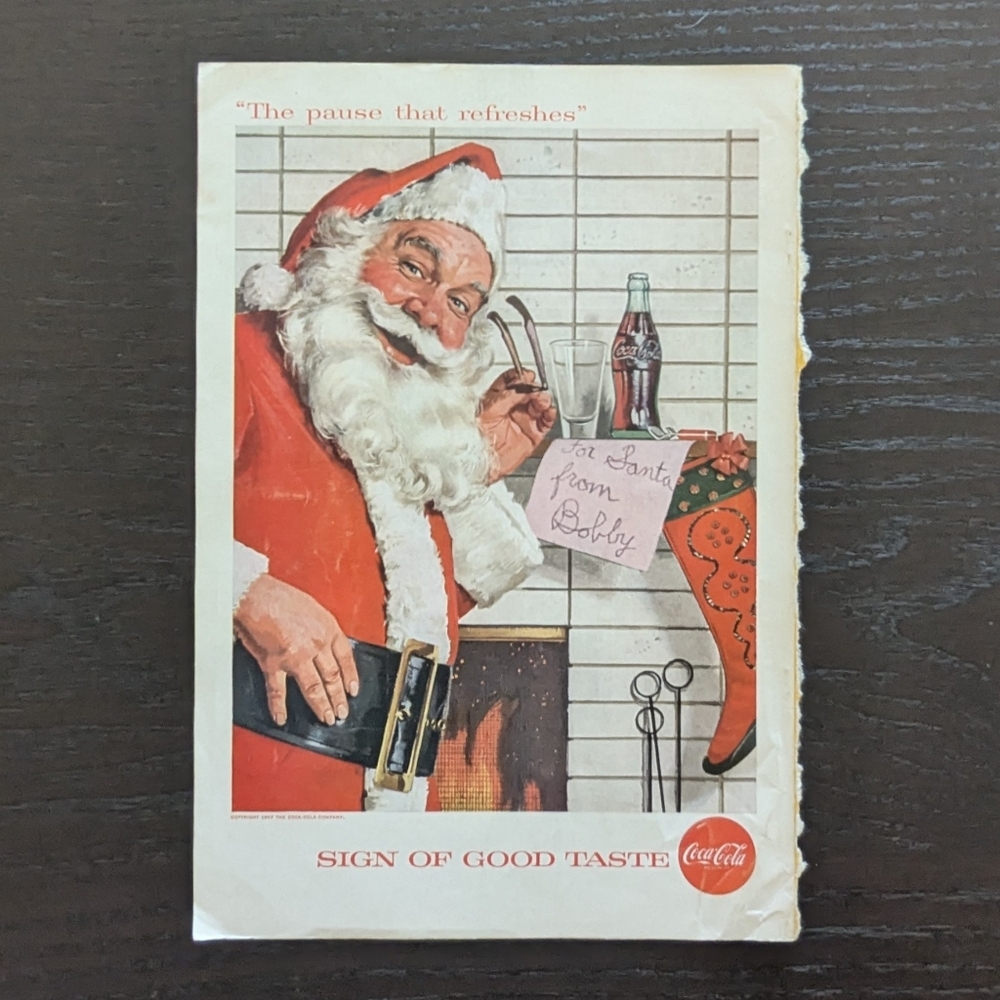 Vintage 1957 Santa Claus and Stocking Coca Cola Ad, National Geographic